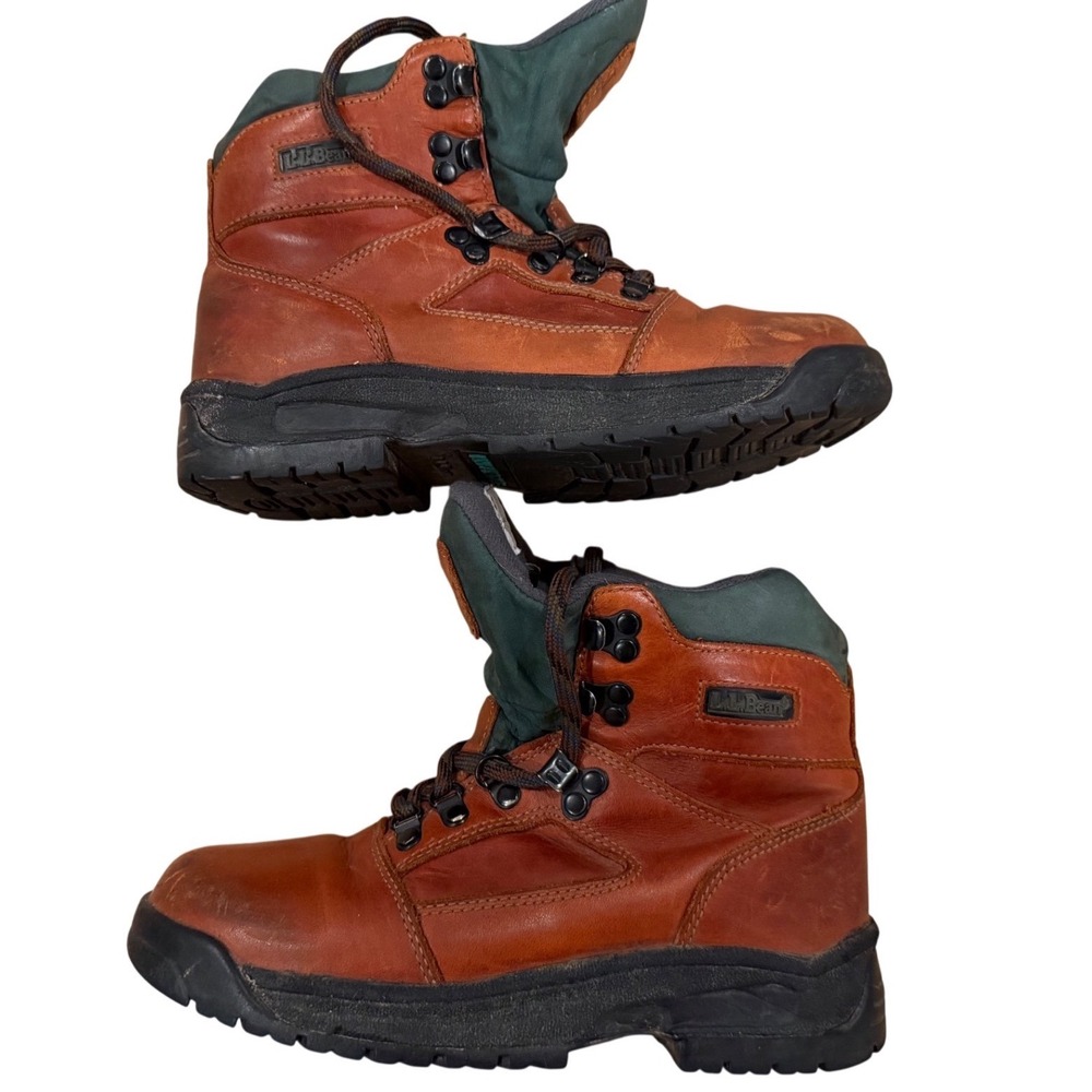 Vintage LL Bean Leather Hiking Boots Brown Green Mid Top Lace Up
